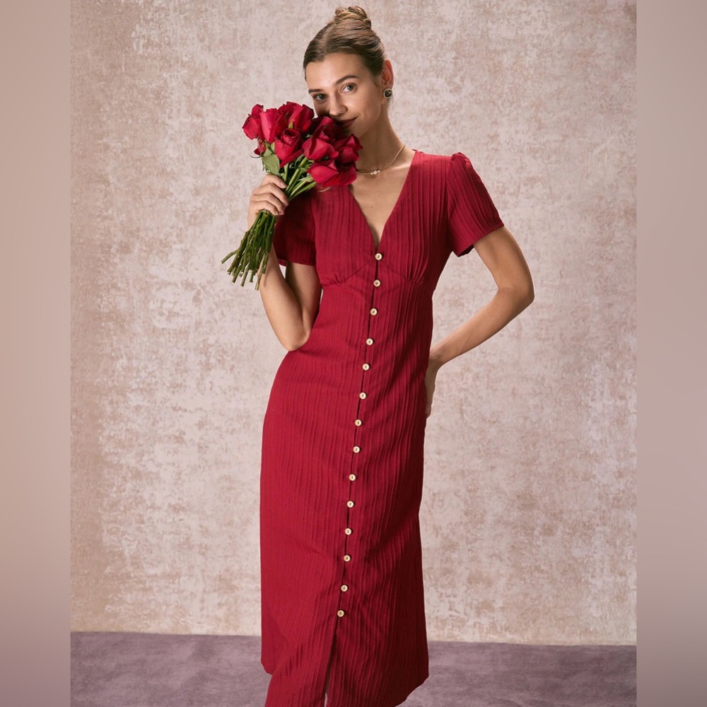 NWT RIHOAS The Red V Neck Shirred Puff Sleeve Midi Dress Sz M - Picture 4 of 10